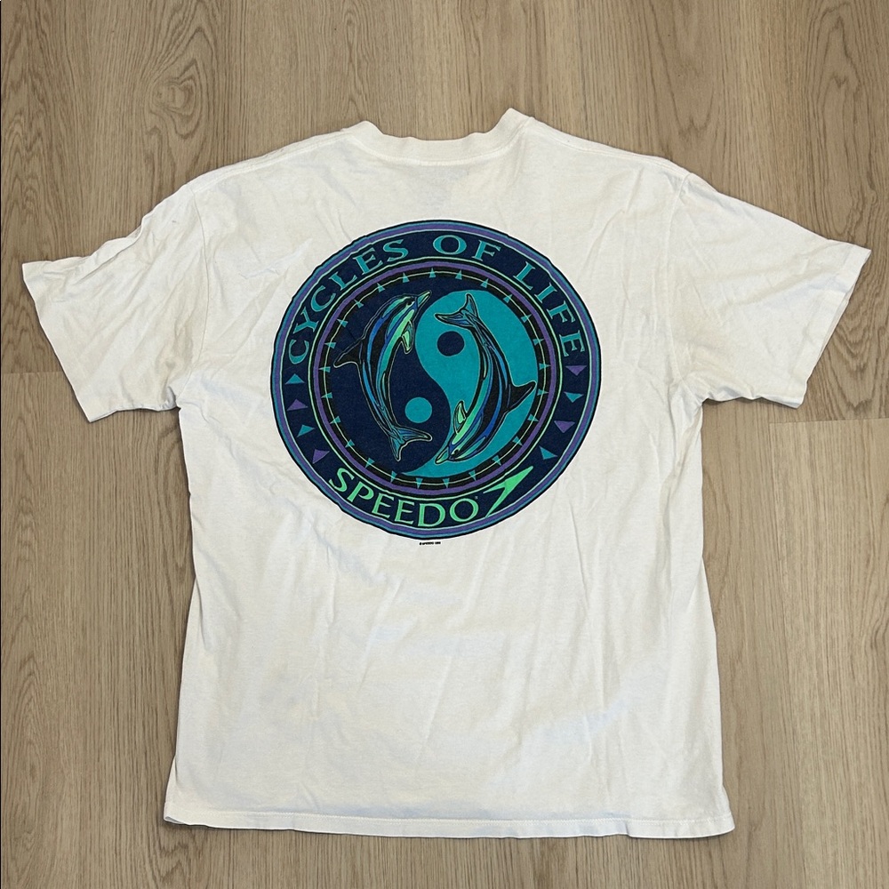 1995 Vintage Speedo White Surf Tee with Blue and Green Dolphin Design size XL